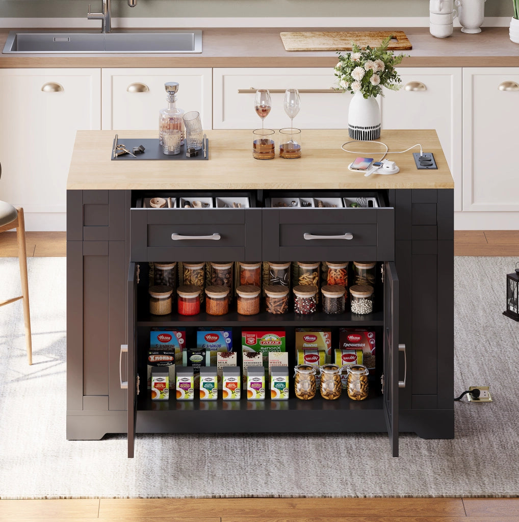 Isola cucina mobile 120x40(65)x92 cm con piano ribaltabile; prese AC e USB in MDF nero e naturale