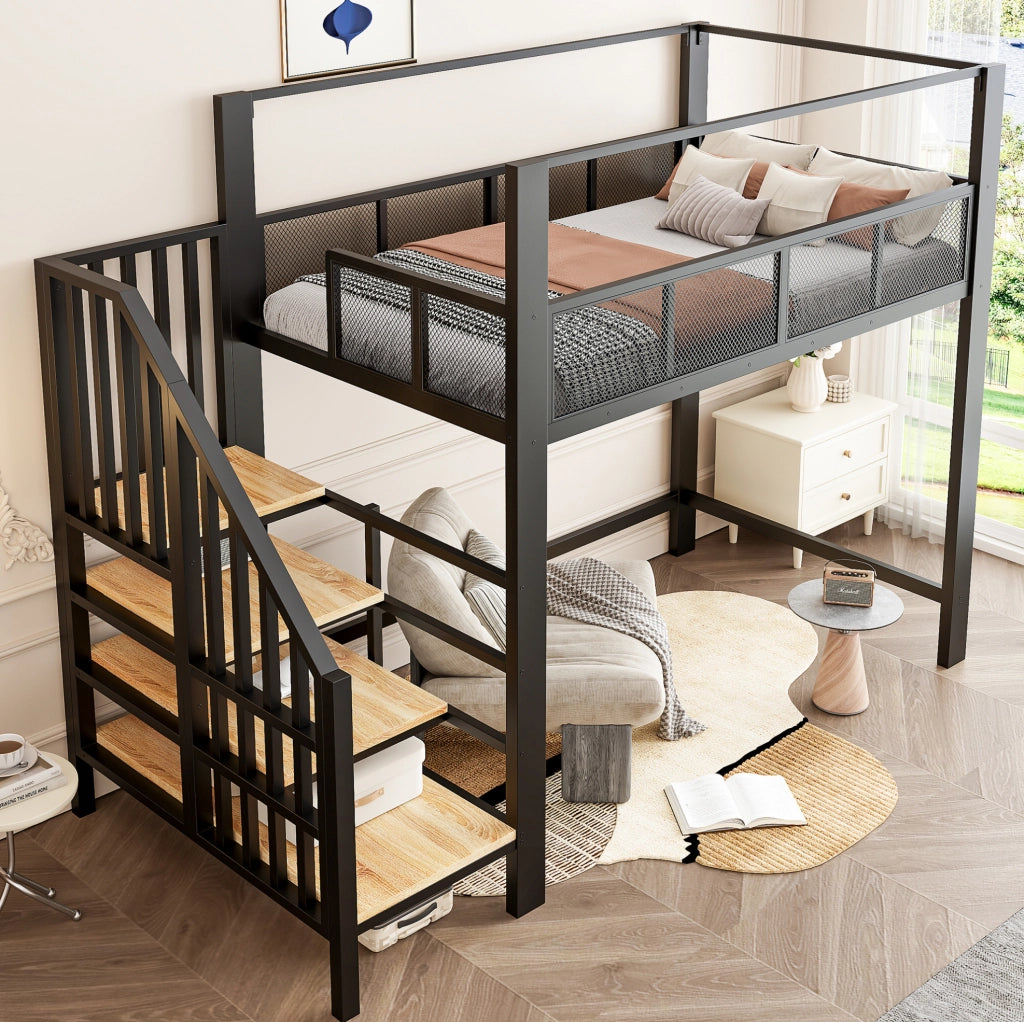 Letto a soppalco 90x200 cm nero in metallo; scala con contenitore e baldacchino