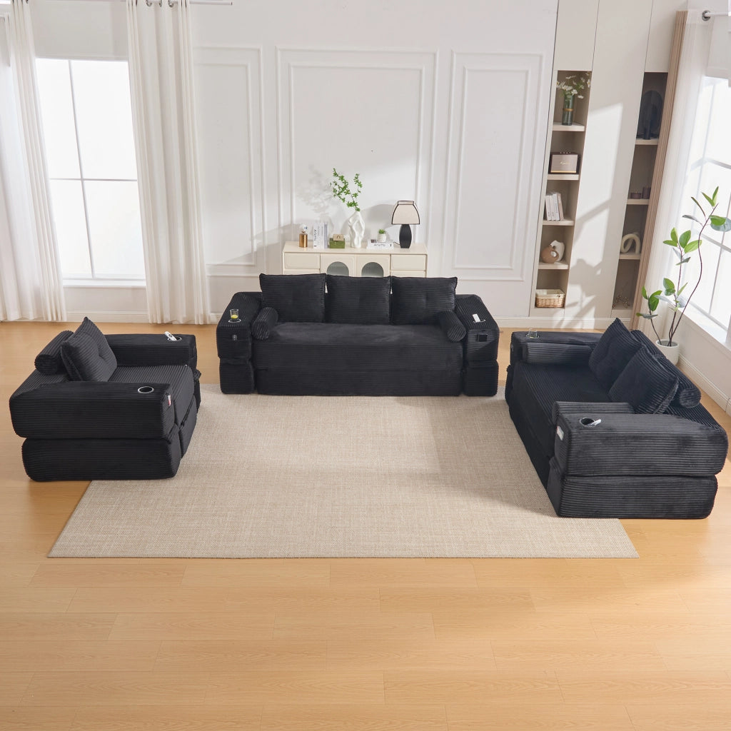 Divano convertibile 2 posti in corduroy con cuscini memory, tasche laterali e portabicchieri nero