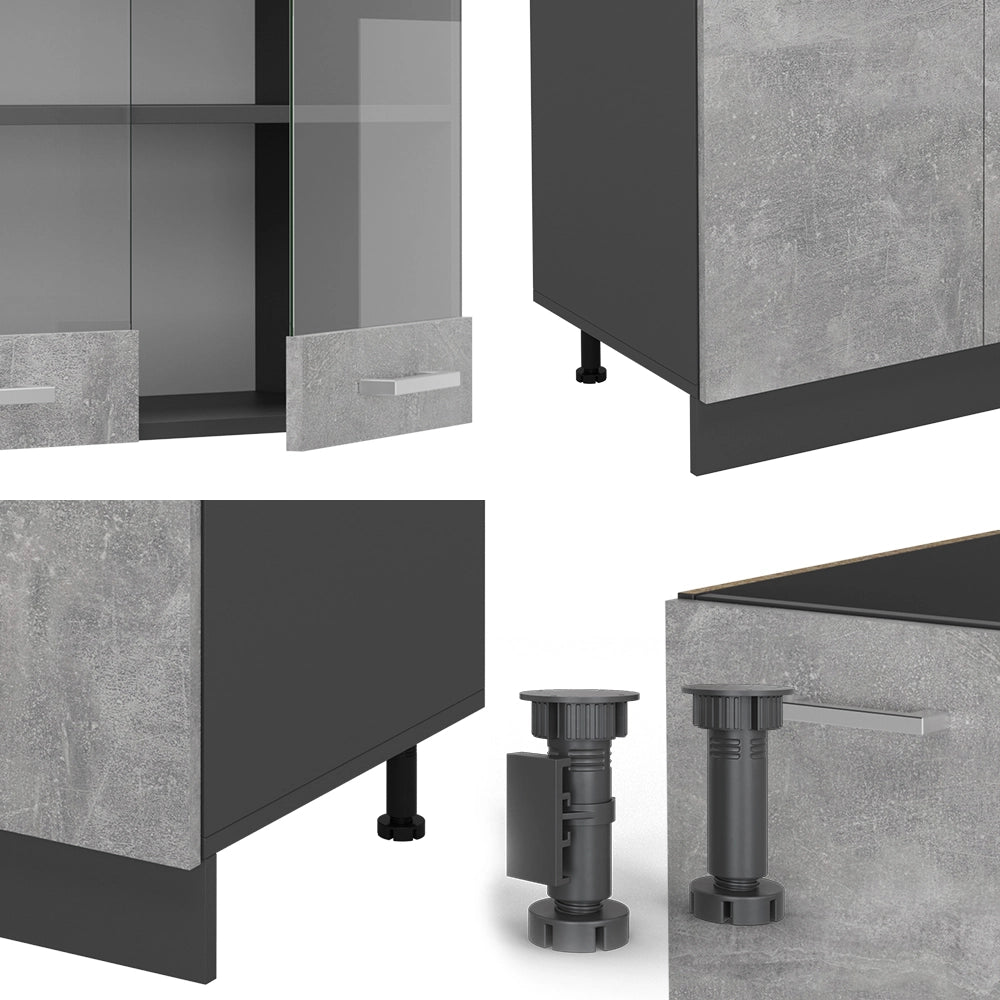 Cucina componibile R-Line Calcestruzzo/Antracite 300 cm con armadio alto, senza piano di lavoro Vicco