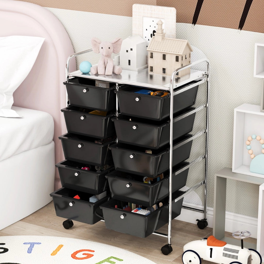 Carrello a 10 cassetti multiuso con ruote-Scaffale Organizzatore per carta da scrapbooking e utensili da ufficio Nero