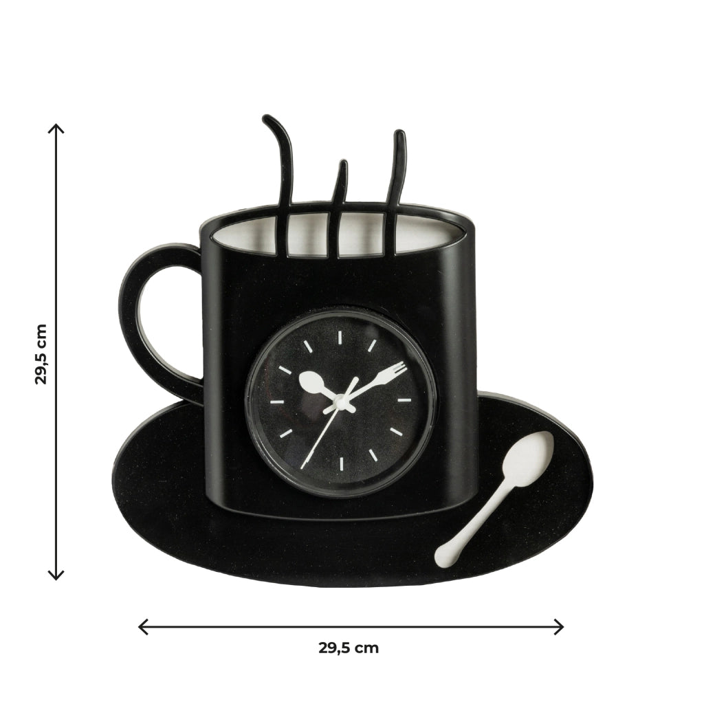 Orologio da Parete Tazza Caffè 29,5x29,5 cm Design Moderno Nero con Tazzina e Cucchiaino Decorativo per Cucina Bar Sala Colazione