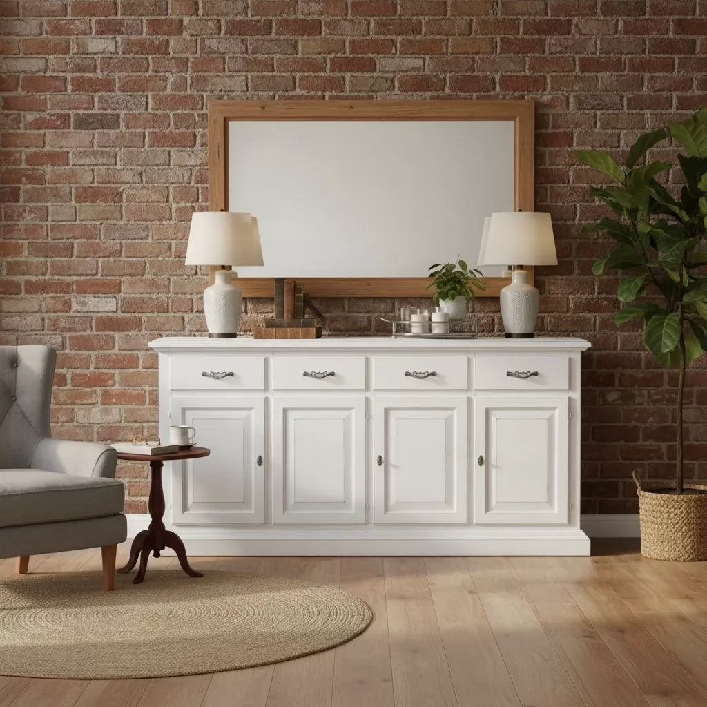 Madia credenza shabby chic in legno massello 4 porte bianco consumato l.222 p.51 h.105 - Mobili 2G