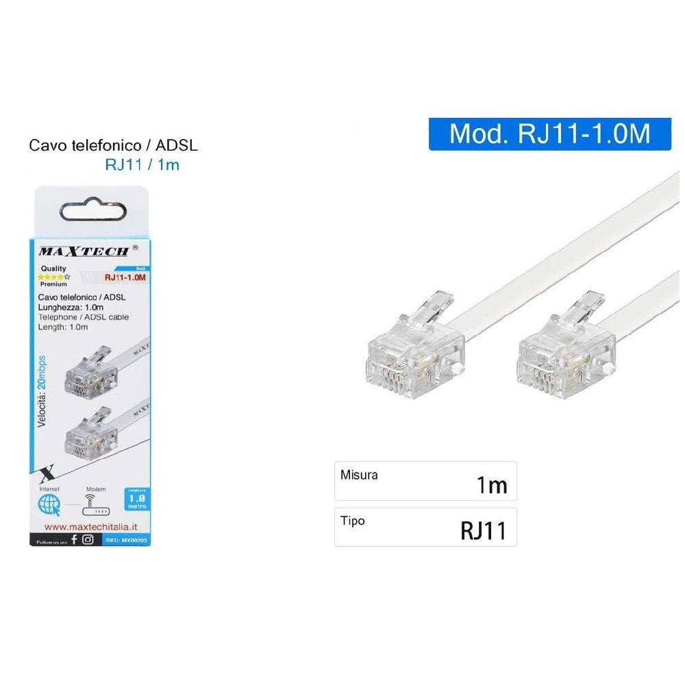 Trade Shop - Cavo Telefonico Adsl Rj11 1 Mt Collegamento Telefonico Modem Internet Rj11-1.0m -