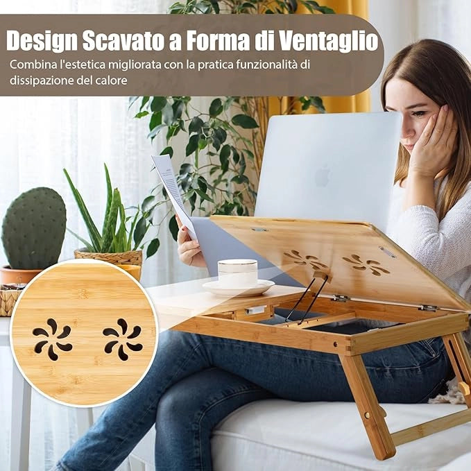 Vassoio per Laptop con Gambe Regolabili e Piano di Dissipazione Termica Inclinabile, Tavolino da Letto Pieghevole con Cassetto Portaoggetti per Leggere, Scrivere e Mangiare (Legno)