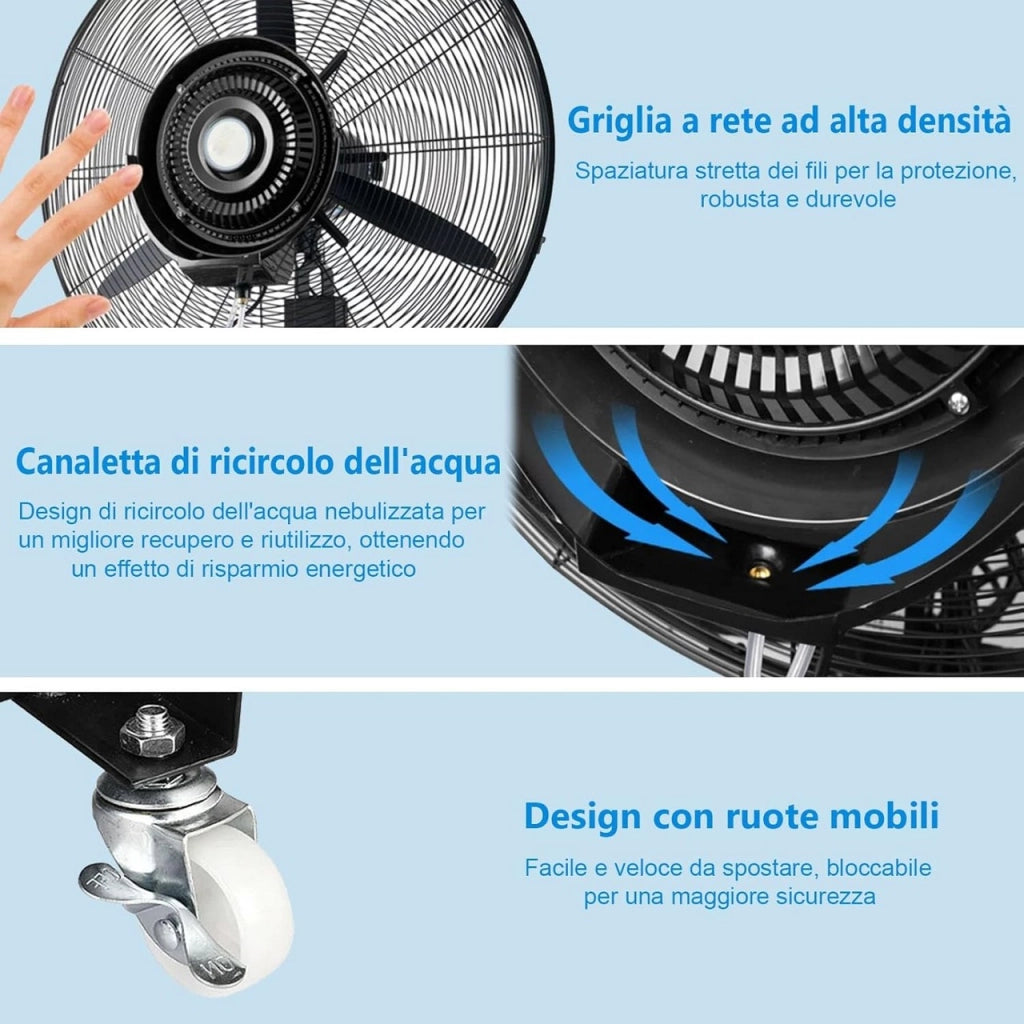 Ventilatore Nebulizzatore Raffrescatore 75 cm con Tanica 46L, 3 Velocità, Altezza 180 cm, 280W 220V, Raffrescatore ad Acqua per Esterni, Eventi, Ristoranti, Bar e Giardini