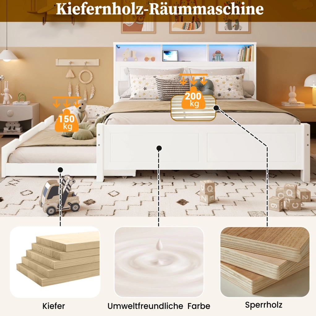 Letto matrimoniale 120x200 cm con letto estraibile LED bianco