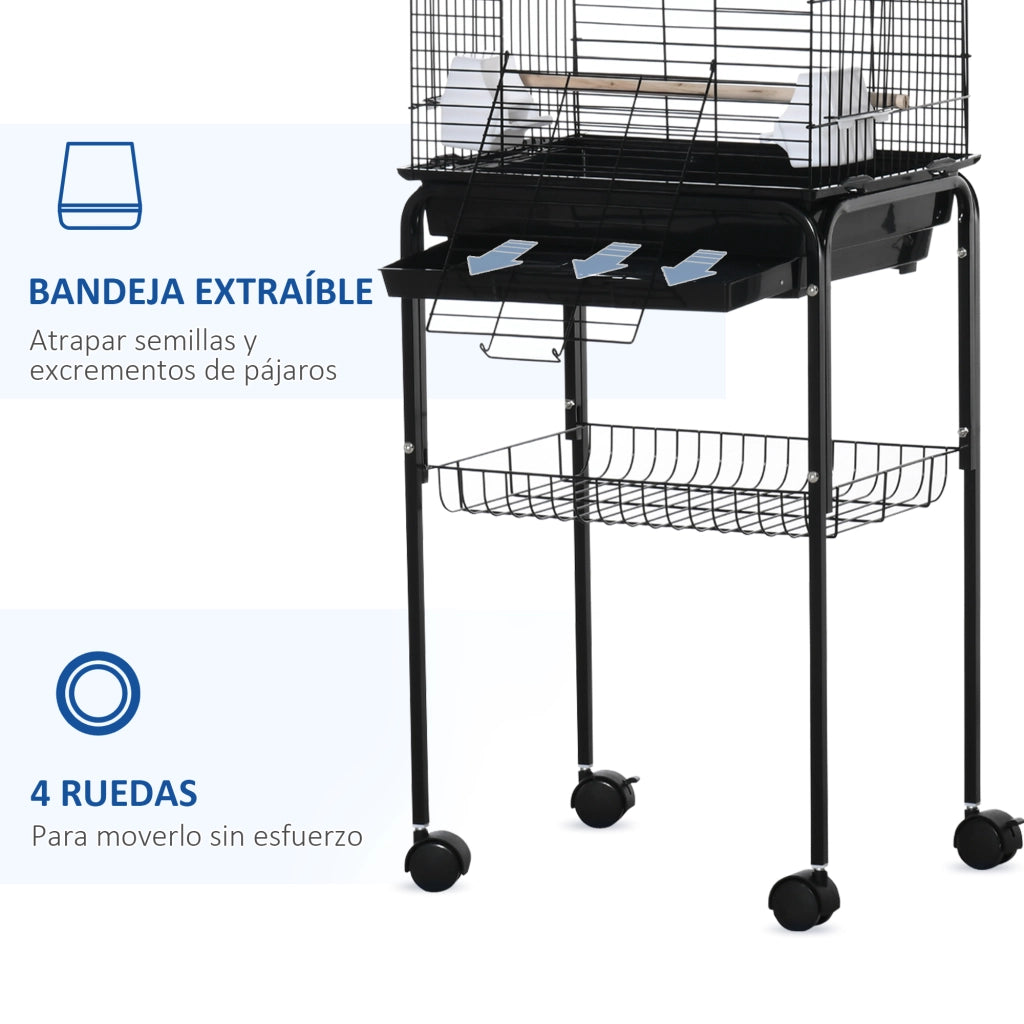 Gabbia per Uccelli con Supporto ¨C Xylo ¨C 4 Ruote, Tetto Apribile, 2 Mangiatoie, 3 Trespoli, 46x36x130 cm, Nero