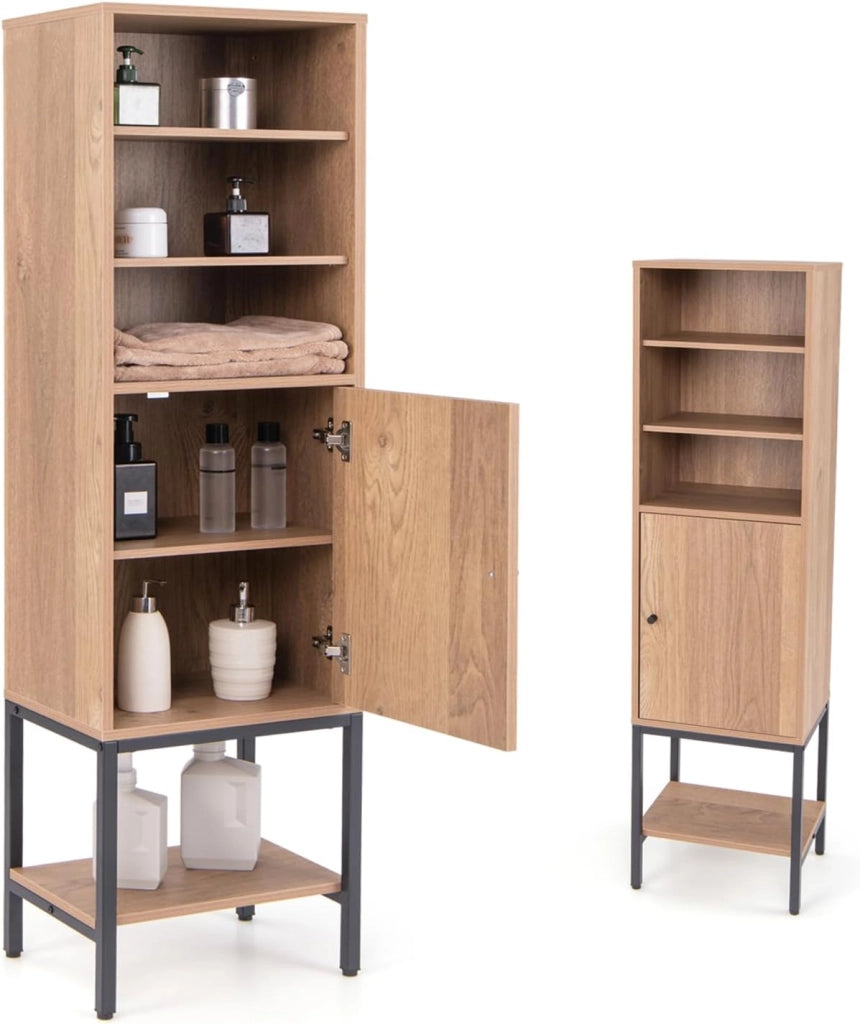 Armadio da bagno alto, colonna bagno con 3 ripiani regolabili, mobile portaoggetti con kit antiribaltamento, 38 x 30 x 145 cm (naturale)