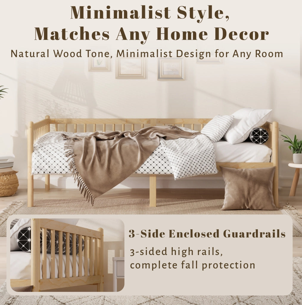 Letto basso 90 × 200 cm con sponde su 3 lati, spazio sotto il letto, senza materasso, in pino naturale