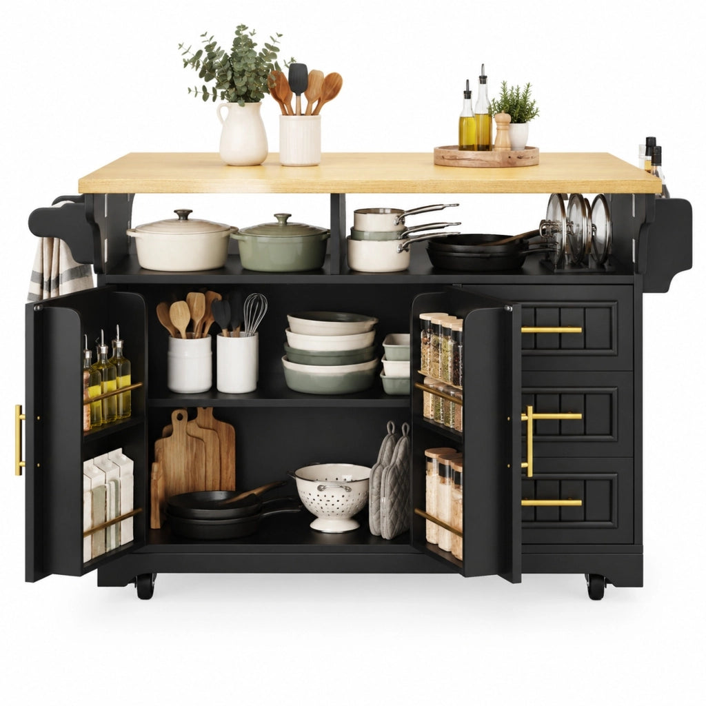 Isola da cucina 120x40(80)x95 cm con piani ribaltabili e ruote in MDF nera