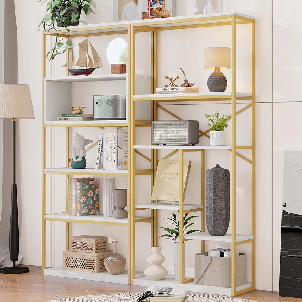 Scaffale moderno - Xylo - 160x29,5x180cm - Oro e bianco - Tubo acciaio + MDF, facile montaggio