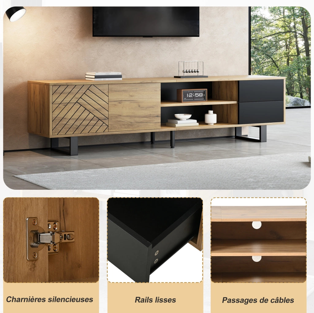 Mobile TV moderno 180x40x50 cm in truciolare effetto legno naturale e nero; per TV fino a 75 pollici