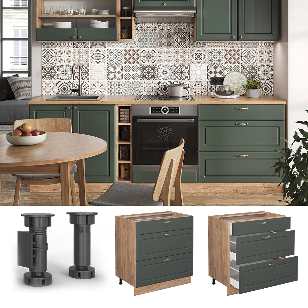 Mobiletto base per cucina Fame-Line Verde-oro rustico/Rovere dorato 80 cm con 3 cassetti, PL Rovere Vicco