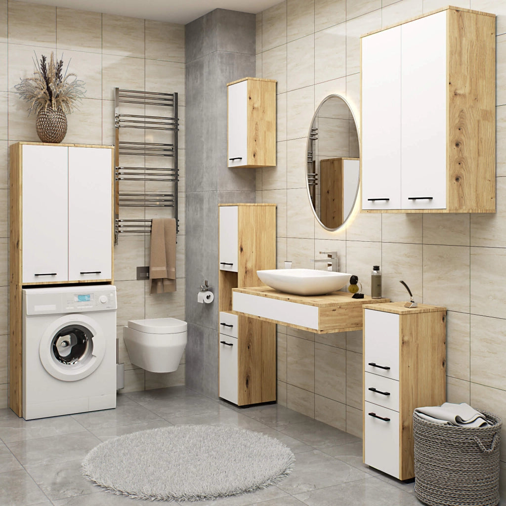 Colonna da bagno AKORD FIN Quercia Artisan 30 cm 2 ante inserto frontale Bianco 30x30x140 cm