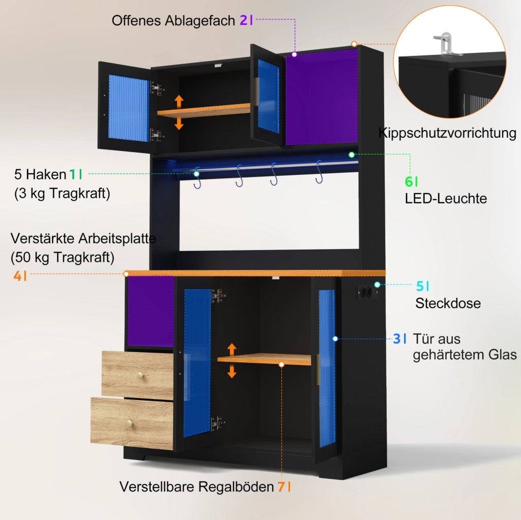 Credenza cucina alta 110x40x178 cm con LED RGB; prese USB; vetri temperati; nero