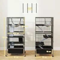 Gabbia per Piccoli Animali a 4 Livelli con Rampe, Piattaforme, Amaca e Ruote, 52x52x115 cm, Grigio