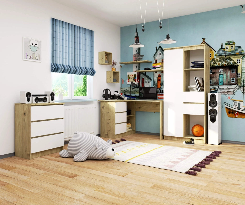 Scrivania angolare AKORD B16 Quercia Artisan 124 cm 3 cassetti inserto frontale Bianco 124x85x77 cm Modello a sinistra