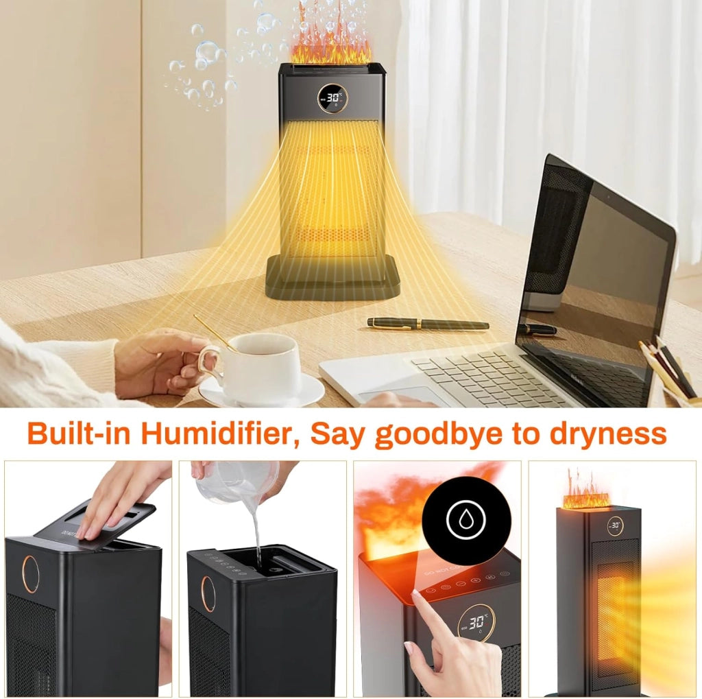 Termoventilatore piccolo, 1500 W, con funzione di umidificazione e luce ambientale, PTC, silenzioso, a risparmio energetico, timer da 12 ore, 4 modalità, oscillazione a 90°, con telecomando,