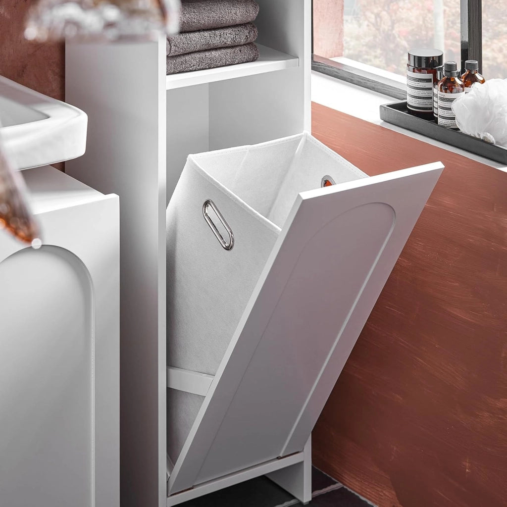 Wäscheschrank con Sacco Portabiancheria Mobile Bagno Salvaspazio con Cesto Estraibile Mobiletto Bagno in Legno per Piccoli Bagni o WC Ospiti, Bianco, 30x97x30cm BZR161-W