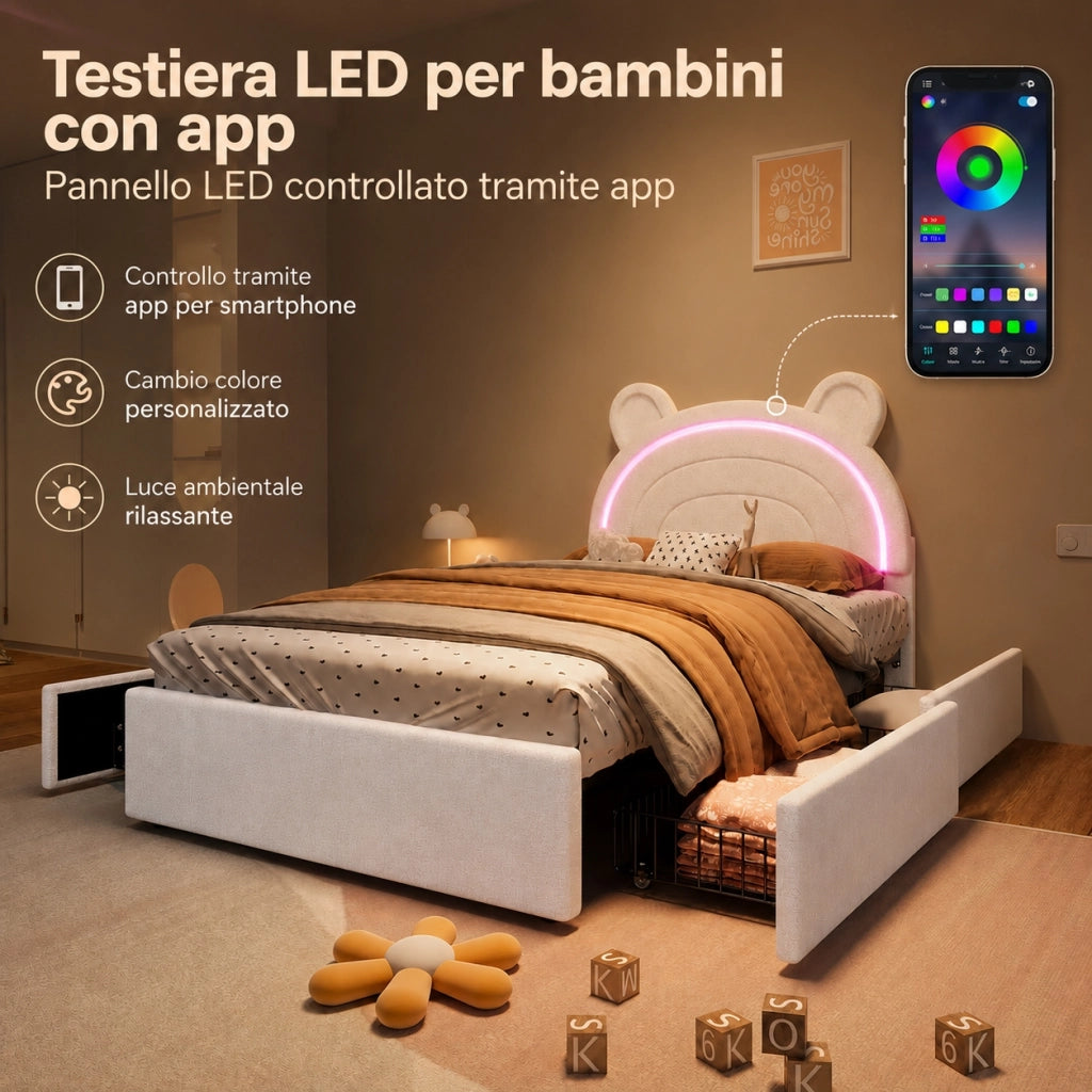 Letto imbottito beige 90x200 cm con testiera a orsetto; quattro cassetti e LED