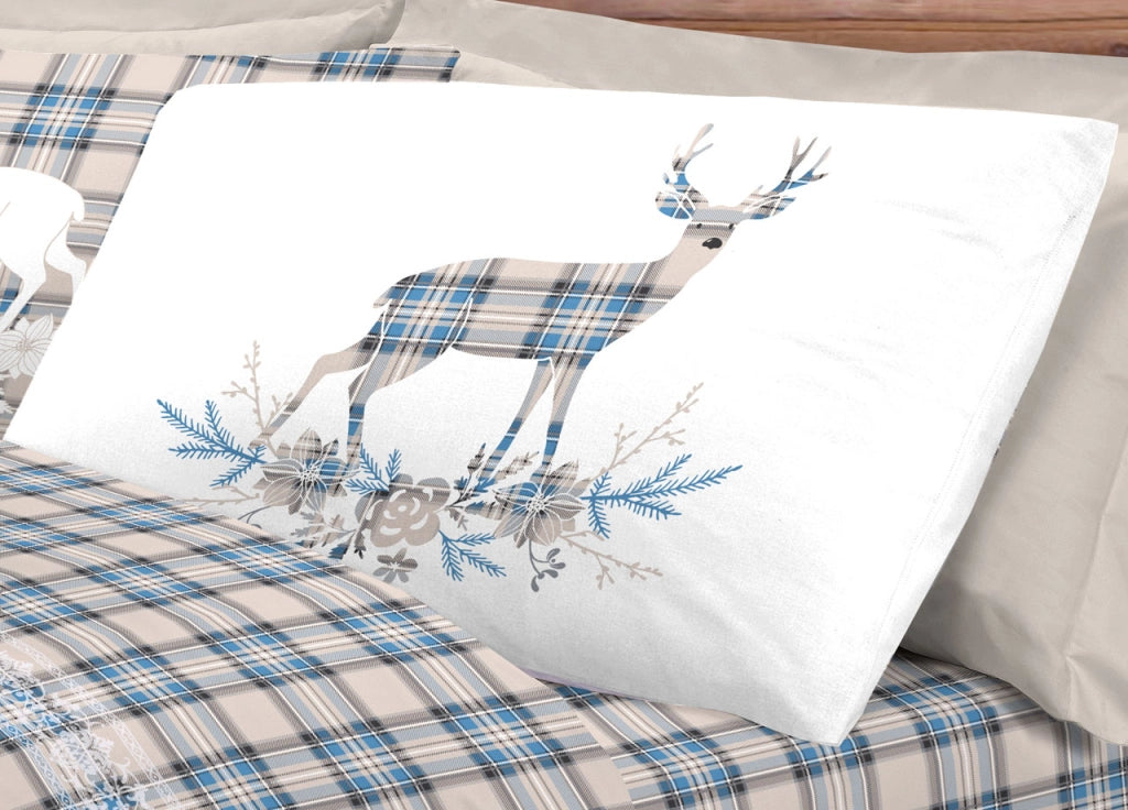 Completo Lenzuola Flanella Pensieri Delicati 100% Cotone Disegno Cervo Tartan - Piazza E Mezza - Azzurro