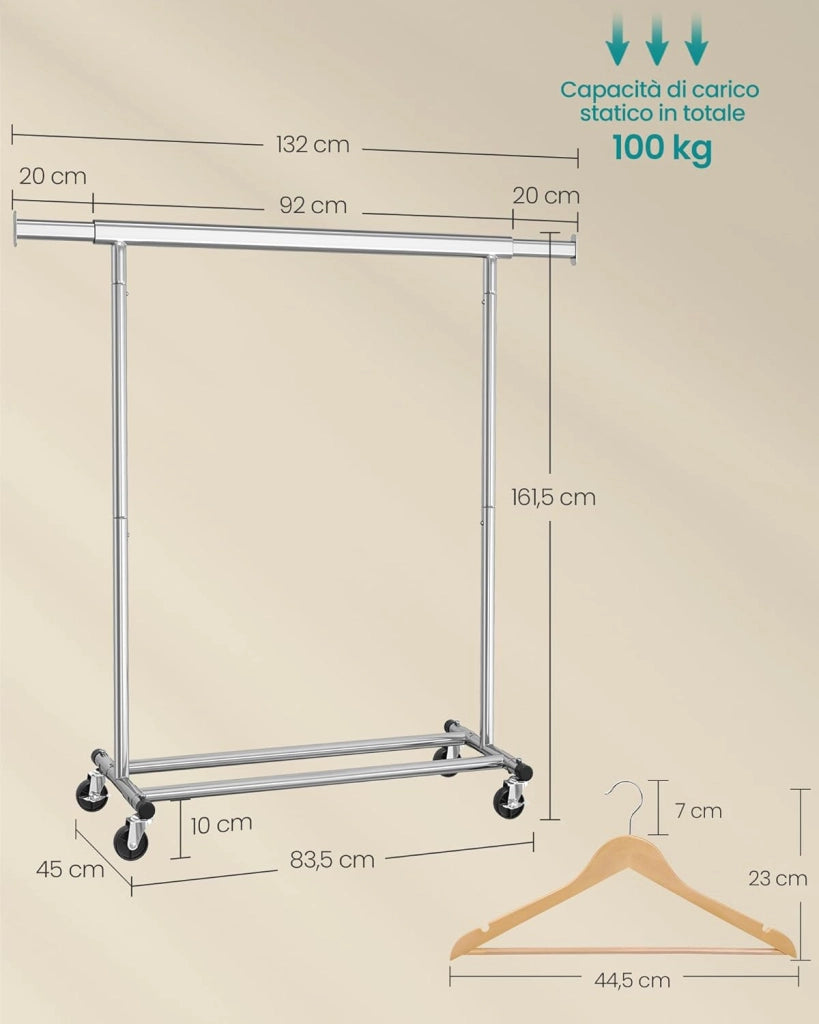 SONGMICS Stand Appendiabiti con Set di 20 Grucce in Legno, Appendiabiti con Rotelle, Asta Estensibile, Gancio Girevole a 360°, Colore Argento e Naturale HSW013S01