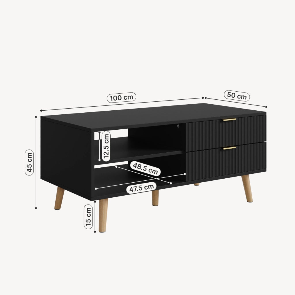 Tavolino da Salotto Nand con 2 Cassetti e 3 Scomparti Aperti 100 x 50 x 45 cm - Nero [en.casa]