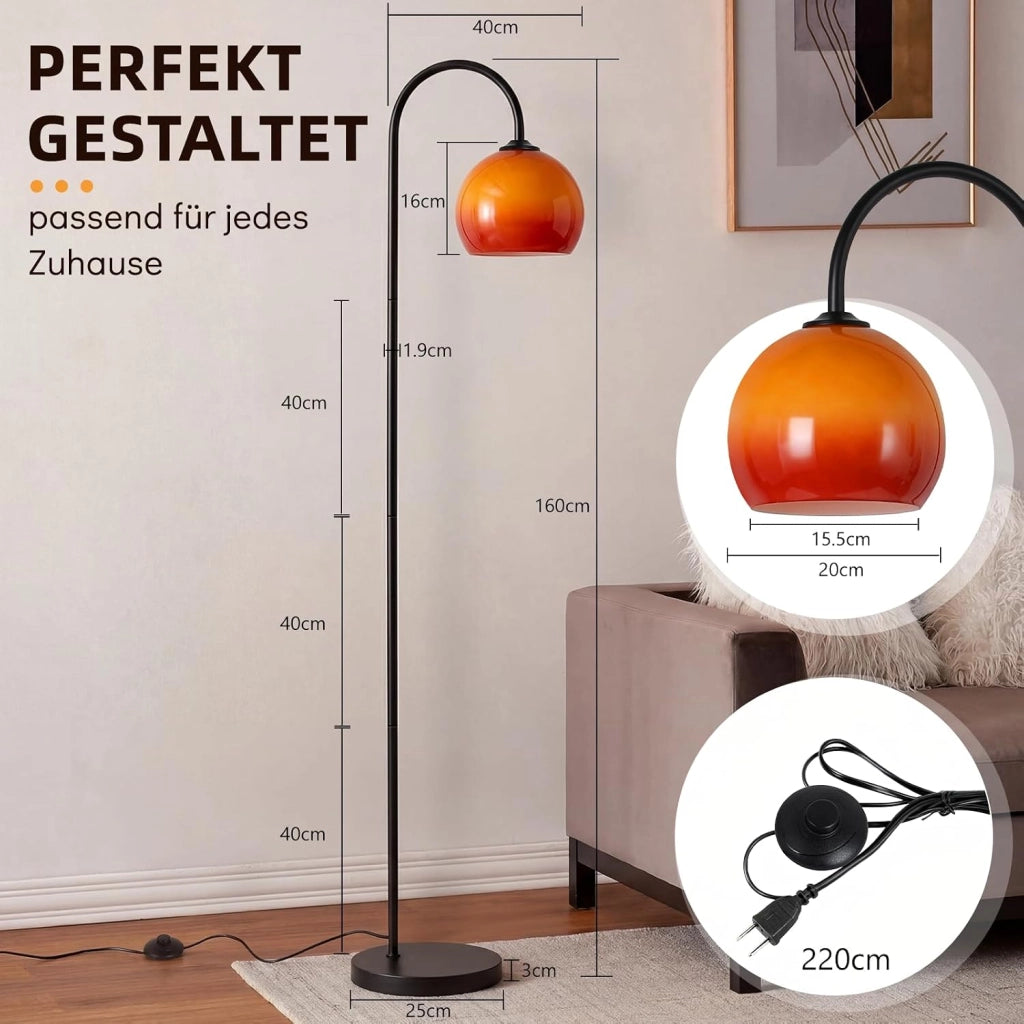 ZMH Lampada da Terra ad Arco Ferro Vetro Interruttore a Pedale E27  per Soggiorno Camera Studio Senza Lampadina
