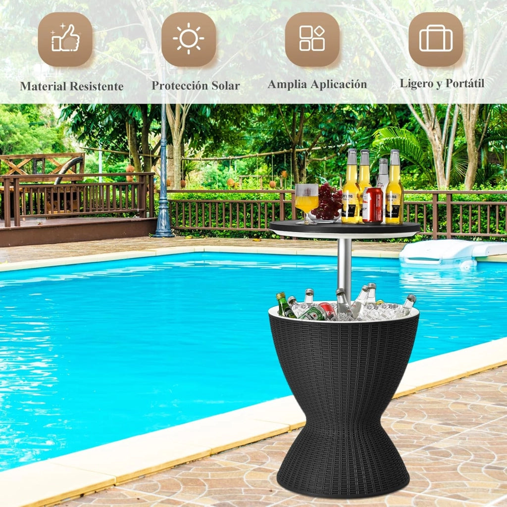 Tavolo Frigo da Giardino 3 in 1, Secchiello Ghiaccio Regolabile in Altezza 30L, con Coperchio Removibile & Foro di Scarico, 75 KG, Portaghiaccio per Giardino, Piscina, Campeggio