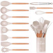 Set di 12 accessori da cucina, silicone da cucina, rivestimento antiaderente, maniglia in legno resistente al calore, utensili da cucina con contenitore, spatola in silicone, utensili da cucina, resistente alla lavastoviglie