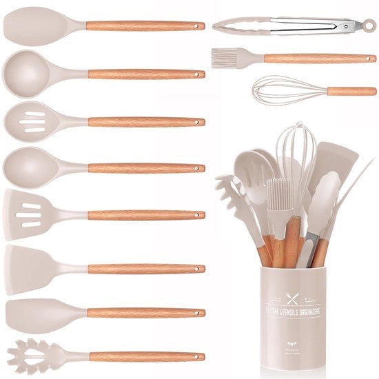 Set di 12 accessori da cucina, silicone da cucina, rivestimento antiaderente, maniglia in legno resistente al calore, utensili da cucina con contenitore, spatola in silicone, utensili da cucina, resistente alla lavastoviglie