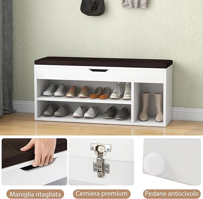 Scarpiera Panca con Cuscino, Scarpiera da Ingresso Salvaspazio, Panca Contenitore per Ingresso Corridoio, 104x30x48 cm, Carico 150 kg (Bianco)