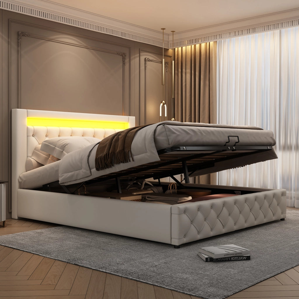 Letto imbottito 160 x 200 cm con rete a doghe, contenitore e LED, bianco, PU