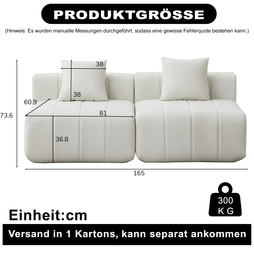 DIVANO modulare in chenille beige, design a due moduli, senza montaggio