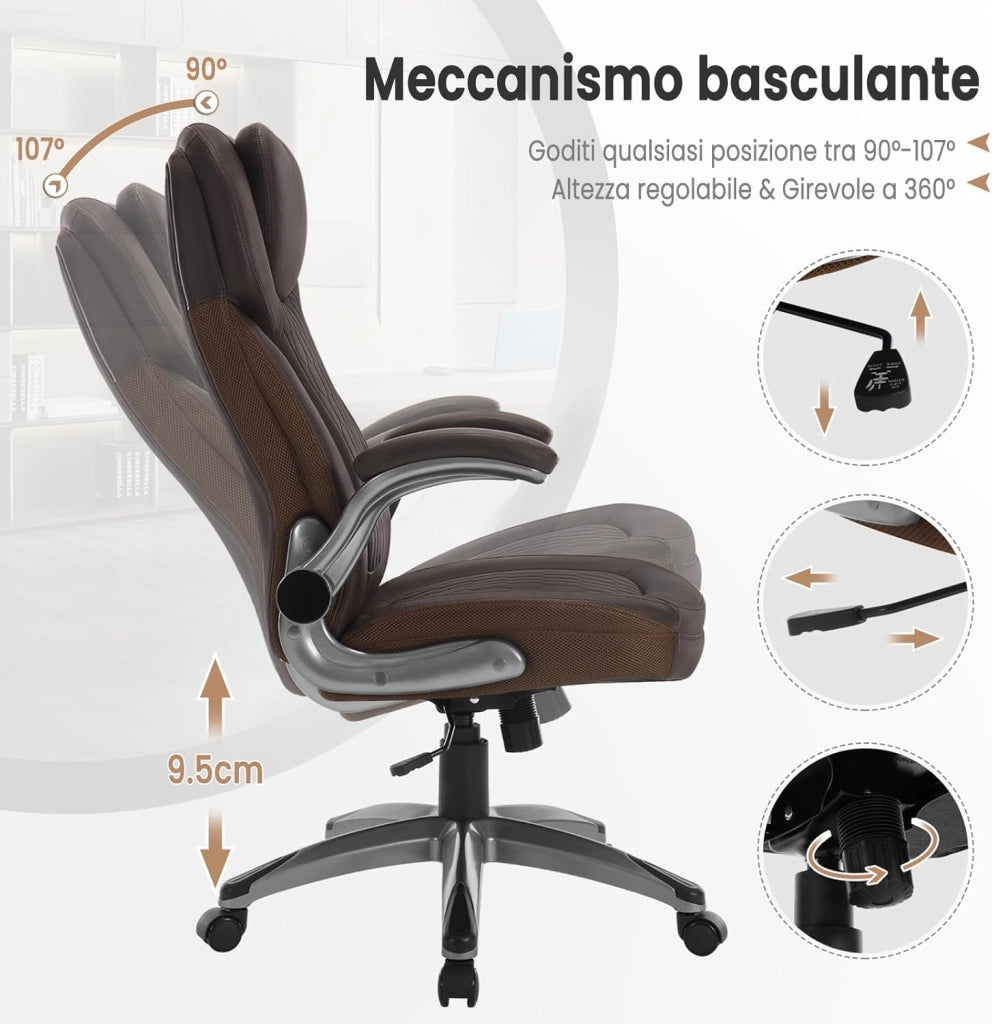 Sedia Ergonomica da Ufficio con Supporto Lombare, Poltrona Ufficio con Funzione Basculante e Braccioli Regolabili, Altezza Regolabile, PU, Nero