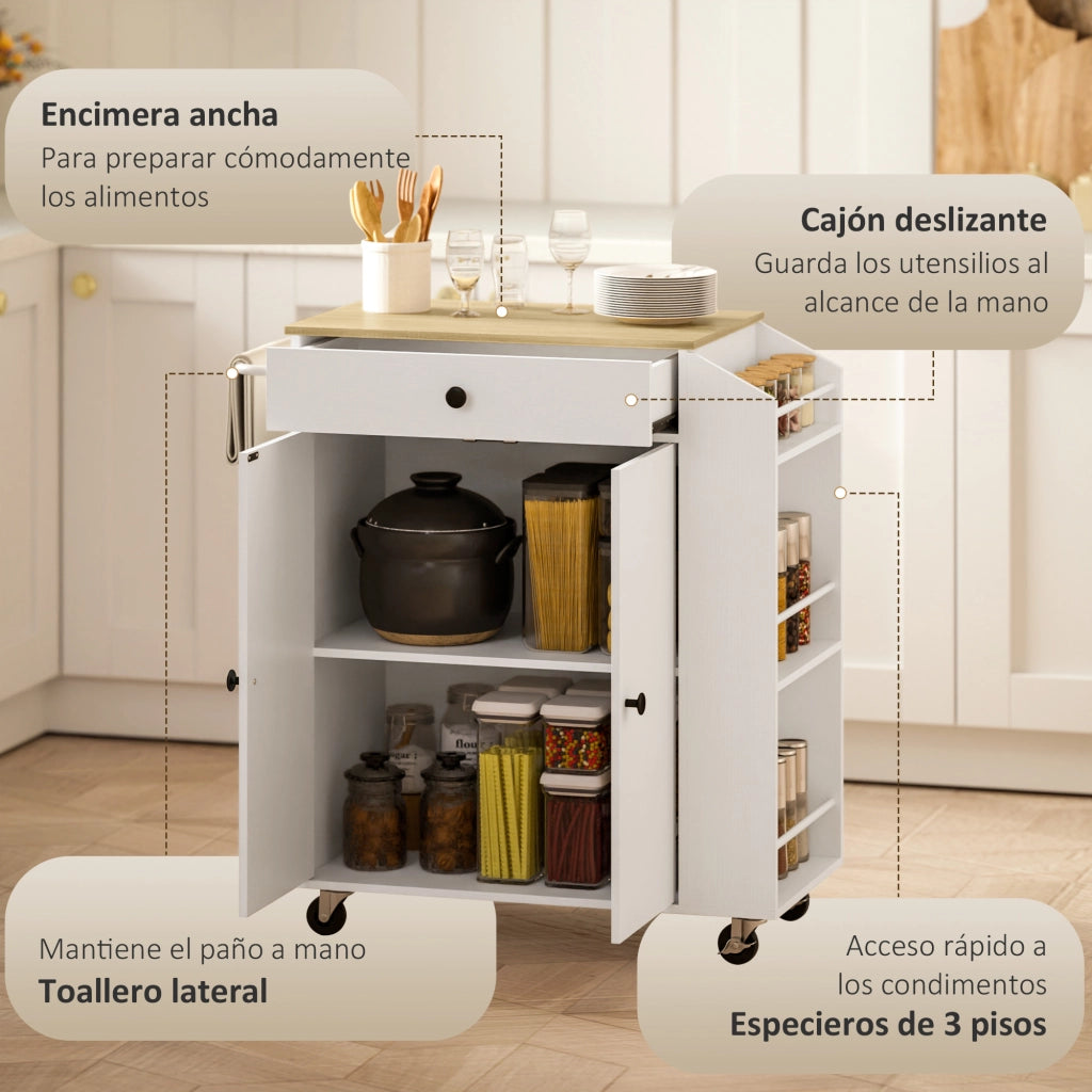 Isola da Cucina con 2 Ante Cassetto Portaspezie 3 Ripiani Portasciugamani Ripiano Regolabile ¨C Xylo ¨C 82x38x86,5 cm Bianco