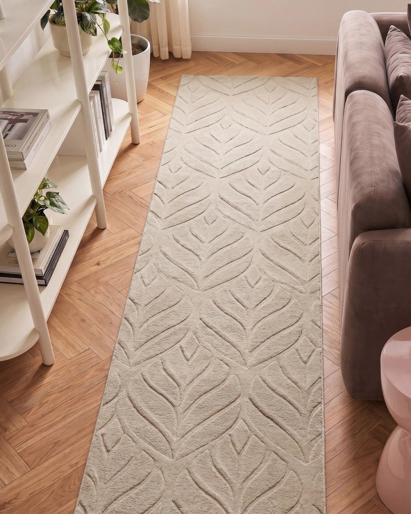 Tappeto da corridoio in pelliccia sintetica di coniglio beige in poliestere, 80 x 300 cm, rotondo, morbido, a pelo lungo, motivo a foglie