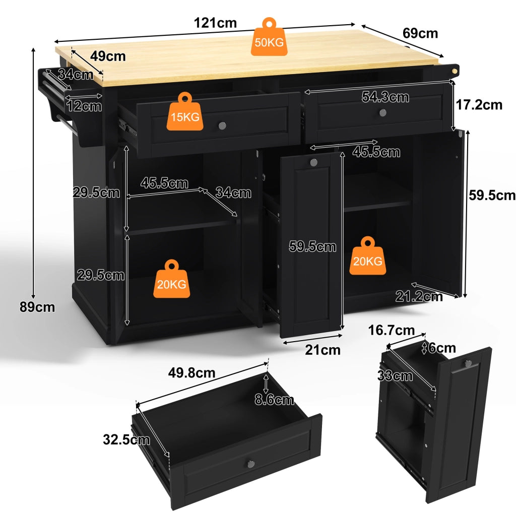 Isola cucina con piano ribaltabile 121x49(69)x89 cm in MDF naturale e nero