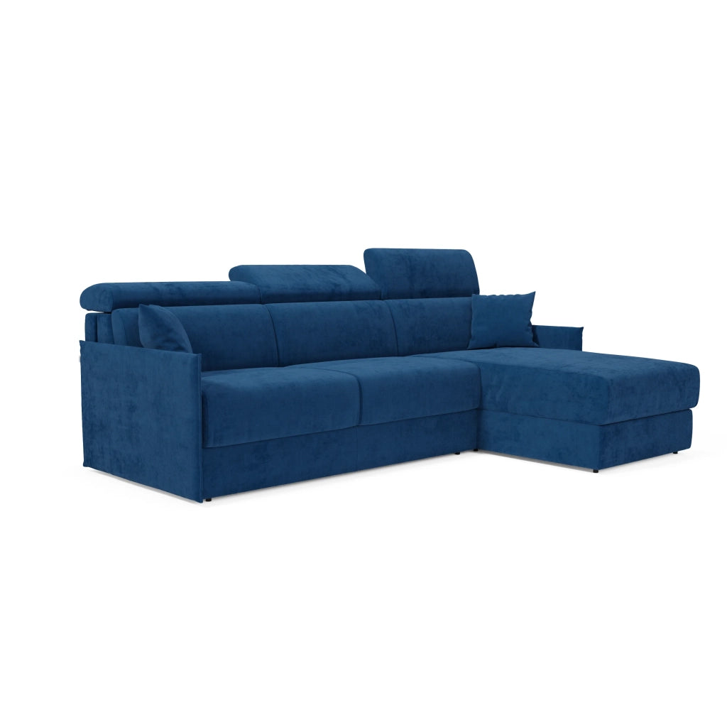 Miryam divano letto angolare compatto - poggiatesta reclinabili e penisola contenitore in tessuto smacchiabile T31 252 cm sinistro blu