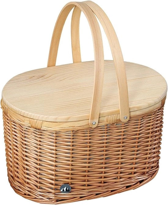 Carrello da picnic Ancona per 4 persone Cestino intrecciato con coperchio in legno di pino Carrello da picnic con compartimento per cooler Set di piatti Posate e bicchieri Cestino di paglia con maniglie Marrone chiaro Carrello da picnic