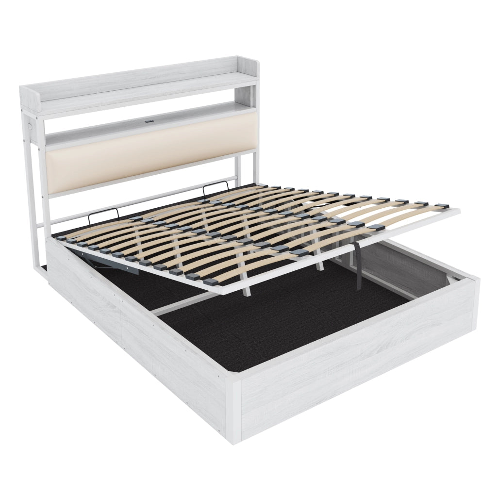 Letto Contenitore 180x200 cm; Matrimoniale - USB; Testiera con ripiano; Bianco