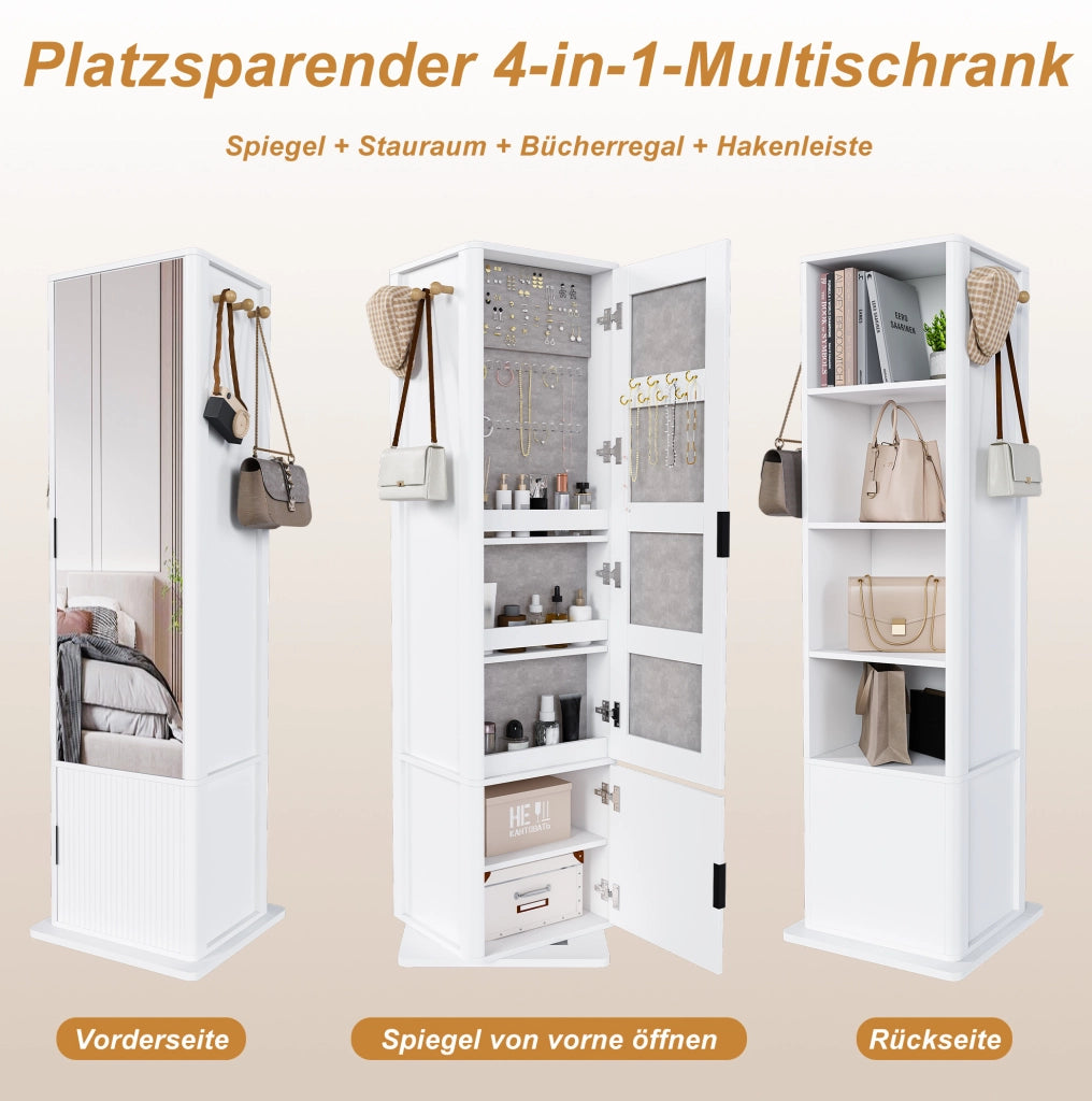 Armadio specchiera girevole a 360° 4 in 1 con specchio intero; ripiani e ganci; 50x50x170 cm; bianco