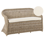 Panca a 2,5 posti per giardino in rattan naturale con cuscini bianchi e bianco sporco 141 cm stile boho per esterni e interni perfetto per giardino patio o balcone.