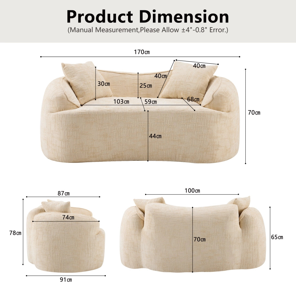 Canapé droit 2 posti curvo con cuscini e supporto ergonomico in schiuma e molle, beige per soggiorno camera e ufficio