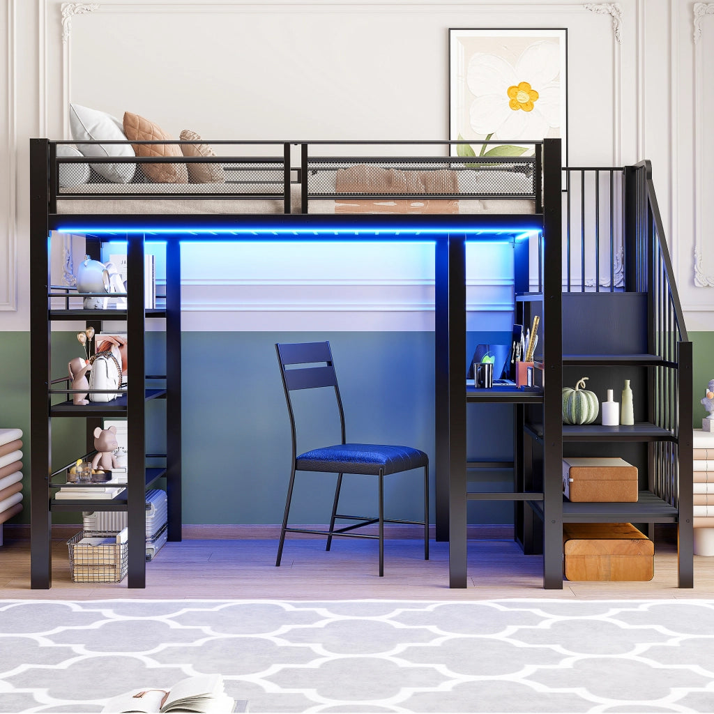 LETTO A CASTELLO 90x200 cm in metallo nero con scrivania e scaffale