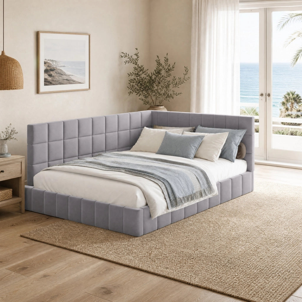 Letto da giorno imbottito 140x200 cm in tessuto con rete a doghe, design Mid-Century, grigio