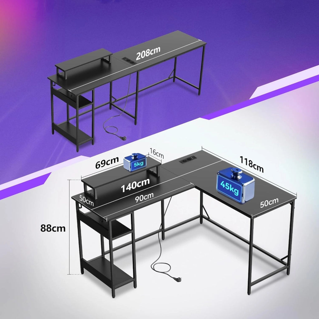 Scrivania Gaming Regolabile 2 in 1 con LED ¨C zephmum ¨C Nero 100x50x70