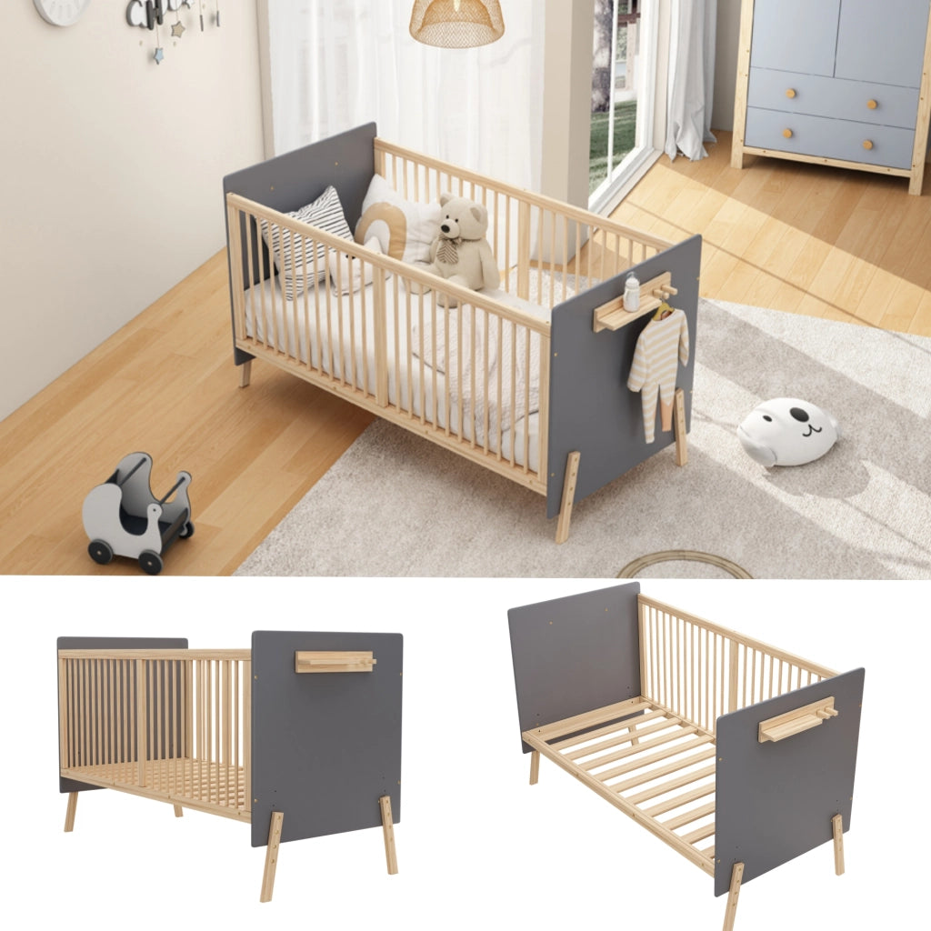 Letto per bambini 70 × 140 cm con altezza regolabile a 3 livelli, lettino laterale e divano letto, senza materasso, in legno massiccio, blu grigio
