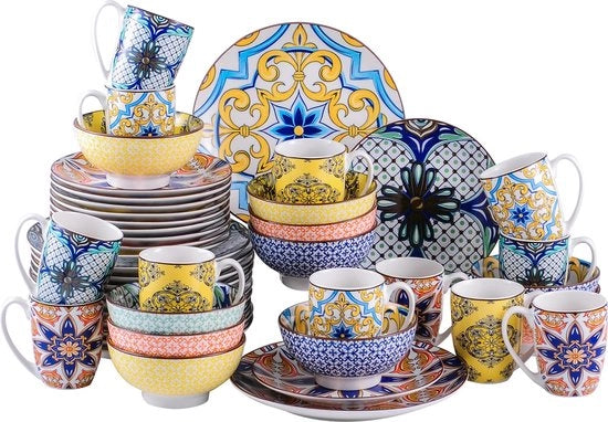 Set di Cenere da 32 pezzi in Porcella a Motivi di Jasmin - Piatti da Pranzo, Dessert, Tazze e Ciotole - Disegno Marocchino - Sostenibile